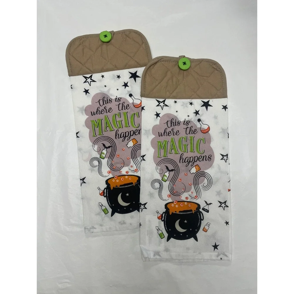 Halloween Hanging Kitchen Towels 4pc Set Bone Appetit Magic Happens Spooky Decor